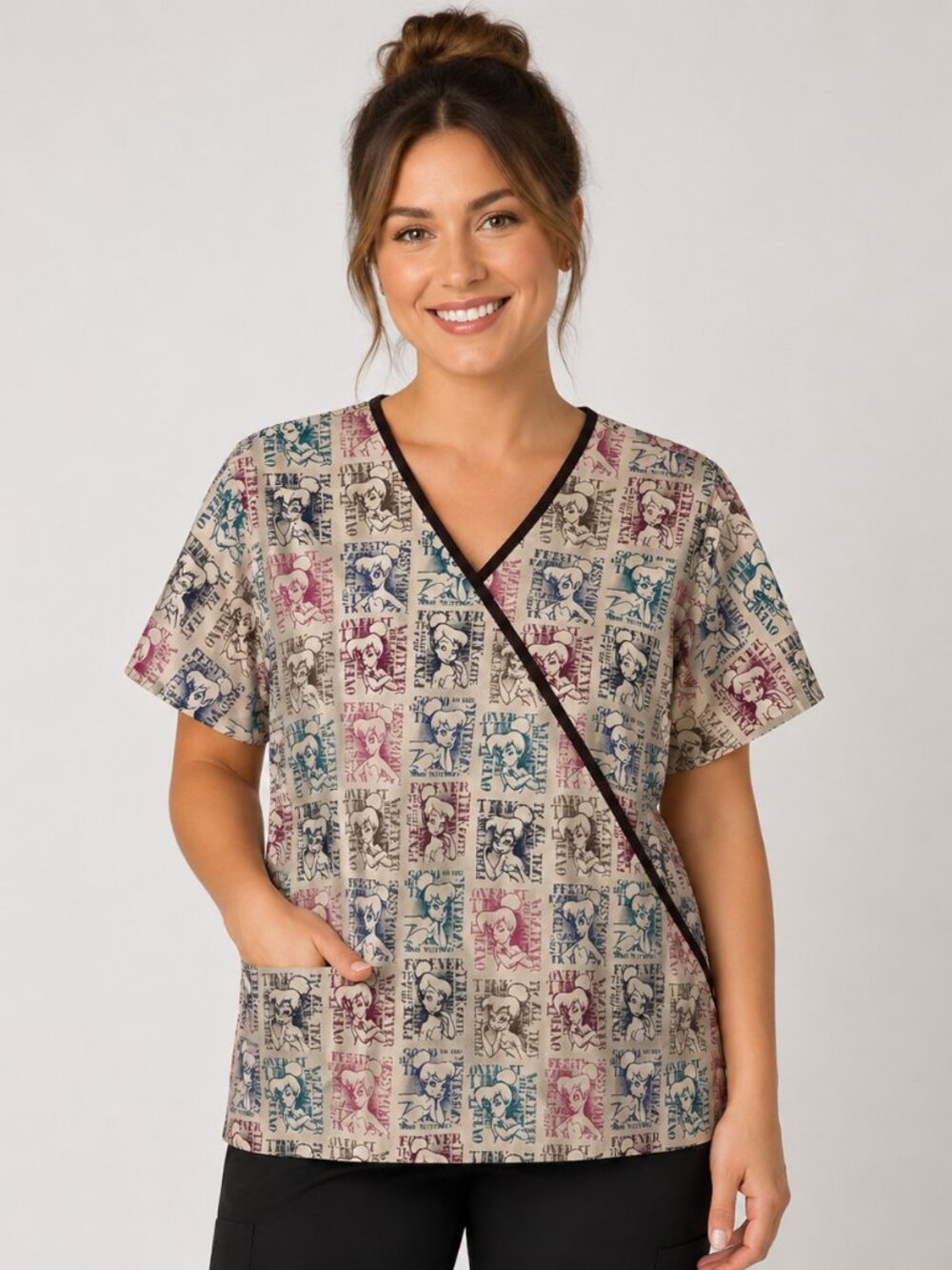 The Wonderful World of Disney Womens Large Tinkerbell Print Scrub Top Shirt Sz L